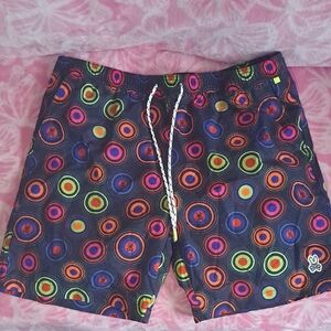Psycho Bunny Men's Navy Swim Trunks with Neon Circle Print